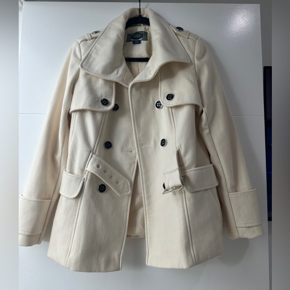 Green Envy Classic Cream Double-Breasted Wool Blend Trench Coat Fall Jacket M - Picture 6 of 11